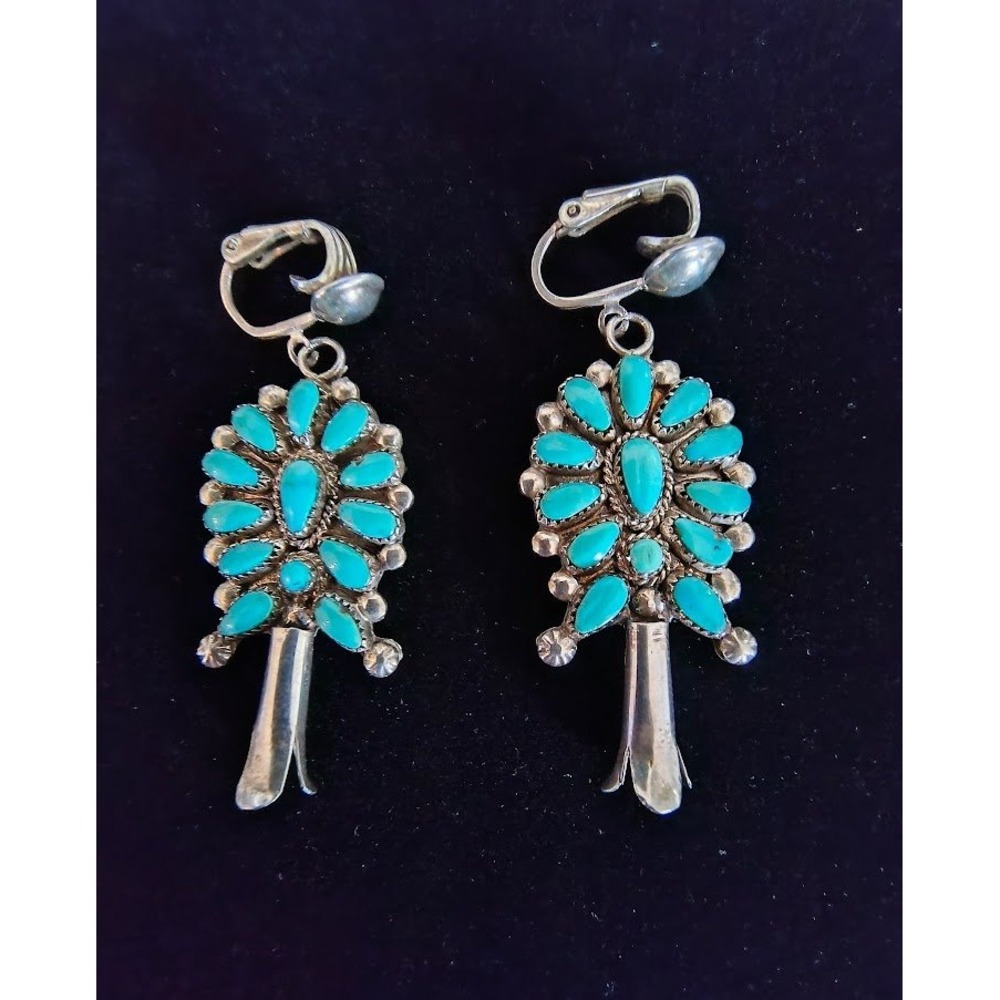 Vintage Navajo Turquoise Cluster Clip Earrings, Attributed to Raymond Quam 1960s